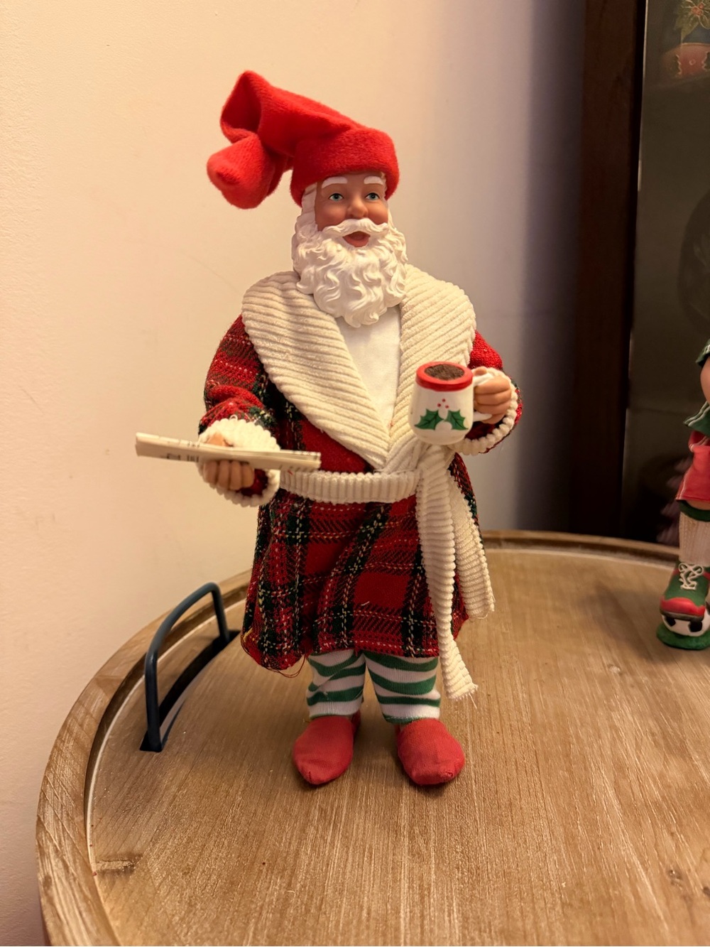 Possible Dreams Clothtique Red Plaid Santa Figurine with mug and newspaper